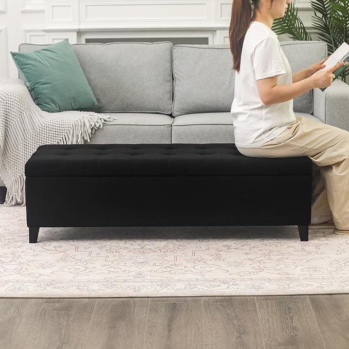 DECO DE VILLE Ottoman with Storage, 51 Inch End of Bed Storage Ottoman Bench, Linen Fabric Upholstered Ottomans with Hinged Lid, Rectangle Long Foot Rest Bench for Entryway Living Room Bedroom Black