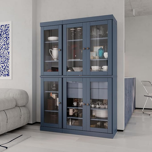 Palace Imports 100% Solid Wood 48.5" Pantry China Cabinet with Clear Glass Doors, 2-Drawers and Adjustable Shelves (Antique Blue)