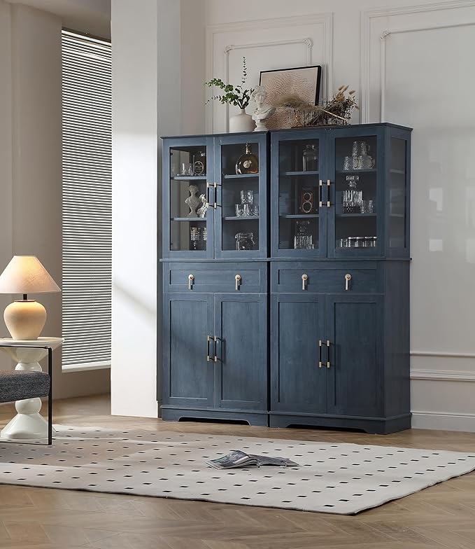 71'' Tall Pantry with Great Showcase&Storage, Pantry Cabinet with Glass Doors for Display,Removable and Adjustable Shelves for conveninet Storage, for Kitchen, Blue