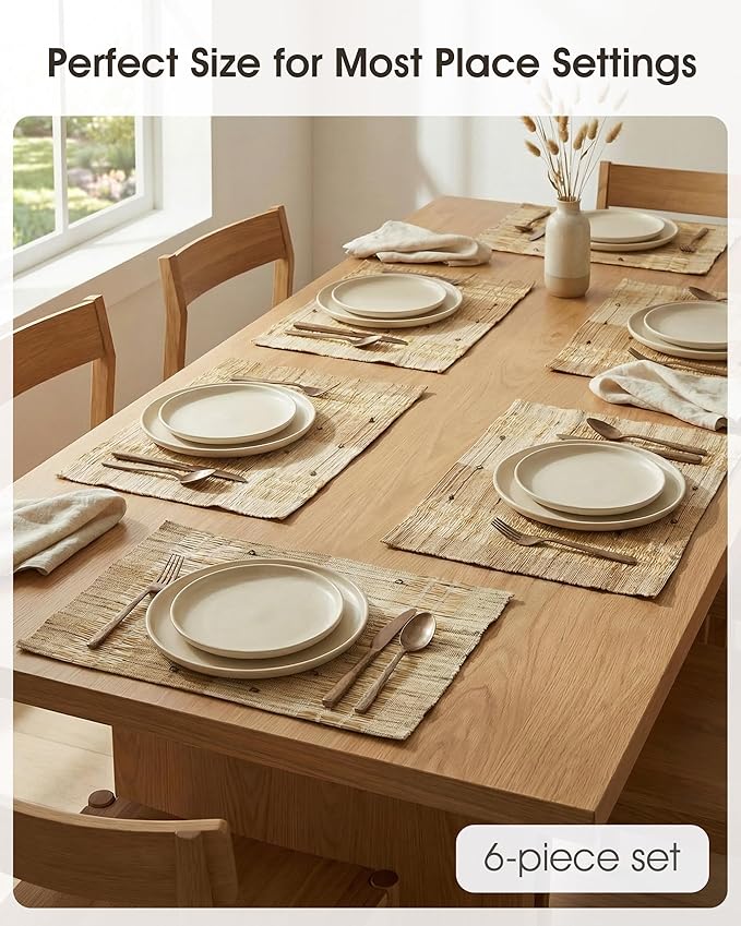 Handwoven Natural Fiber Placemats Set of 6, 12?쓝18??Woven Table Mats for Dining Table, Heat-Resistant & Washable, Farmhouse, Boho & Neutral Home Decor