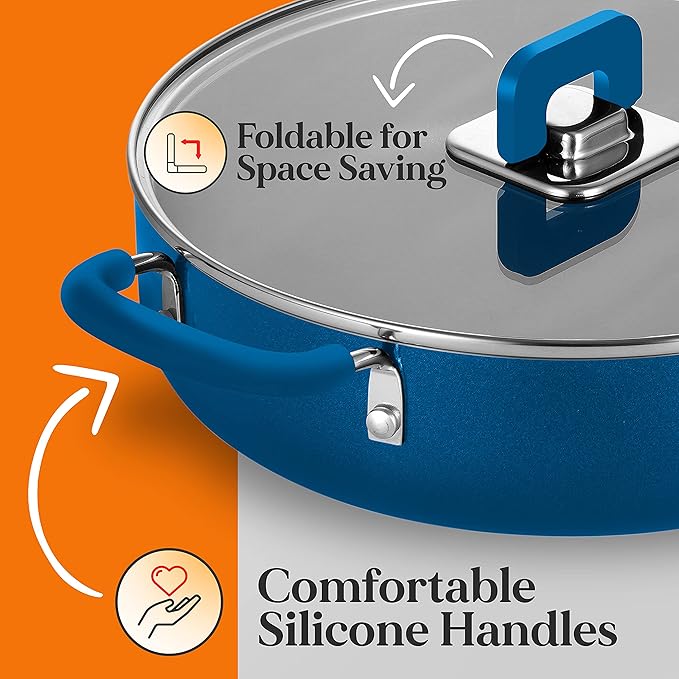NutriChef 17pcs Blue Stackable Pots and Pans Set, Nonstick Induction Cookware, Space Saving Cookware, Easy Clean, Ideal For RV and Camper, Includes a Foldable Steamer Basket and Cooking Utensils