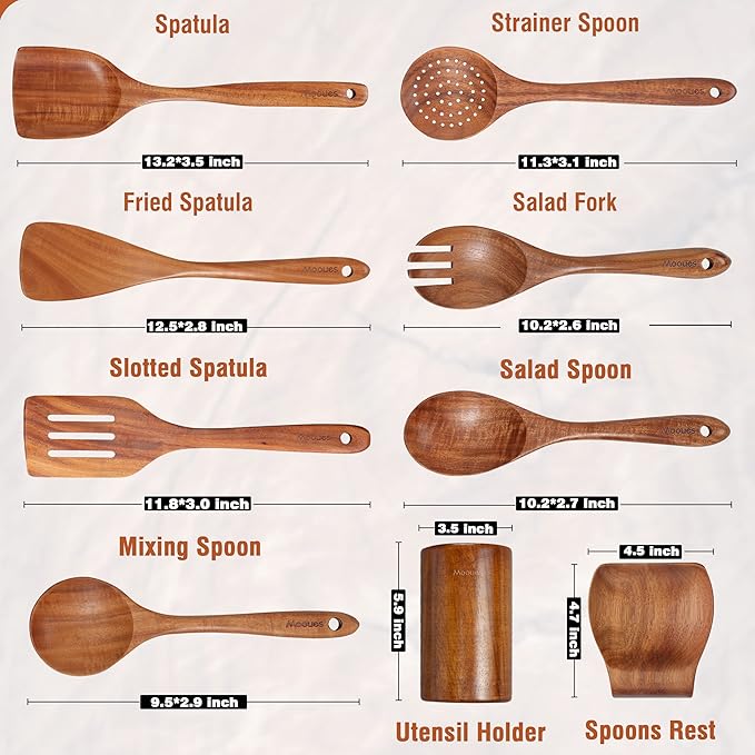 Wooden Spoons for Cooking, Wooden Utensils for Cooking Natural Teak Wooden Kitchen Utensils Set Comfort Grip(9 PCS SET GIFT BOX)
