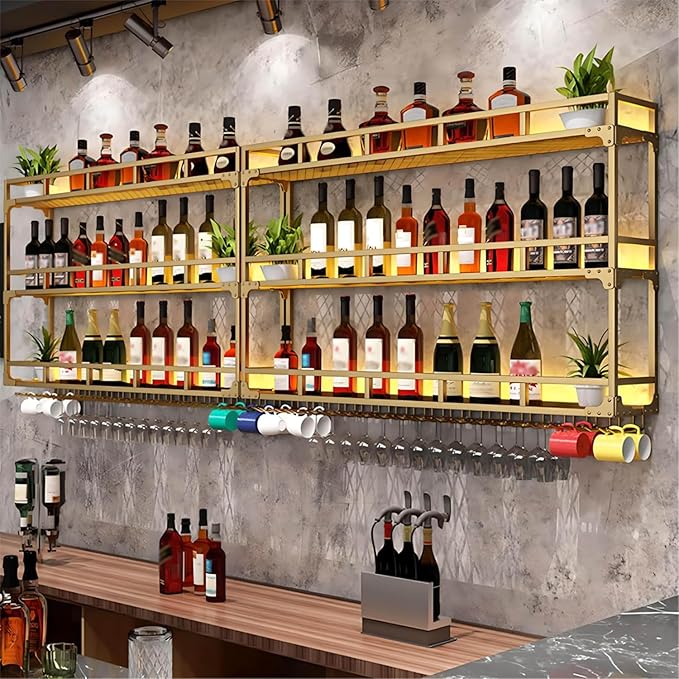 Wall Mounted Wine Rack, Floating Industrial Liquor Glass Holder 3 Tiers, Large Metal Wine Bottle Display Rack Hanging Shelf, for Home Bar Dining Room Decorative (Gold, 59.05x35.43x9.84in)