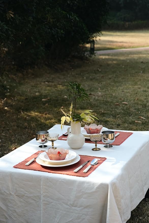 Noalumea 100% Linen Placemats Set of 4 ??Thick Terracotta Table Mats with Hand-Frayed Edges, Machine Washable, Elegant Dining Table Decor for Everyday Meals & Holiday Gatherings, 14 x 19 Inch
