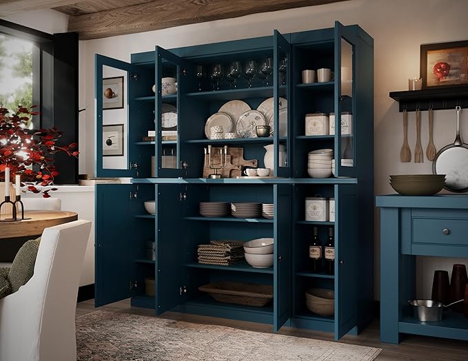 Palace Imports 100% Solid Wood Kitchen Pantry Hutch, Teal Blue, 65" w x 71.5" h x 15.5" d, Renewable Eco-Friendly Wood, Made in Brazil