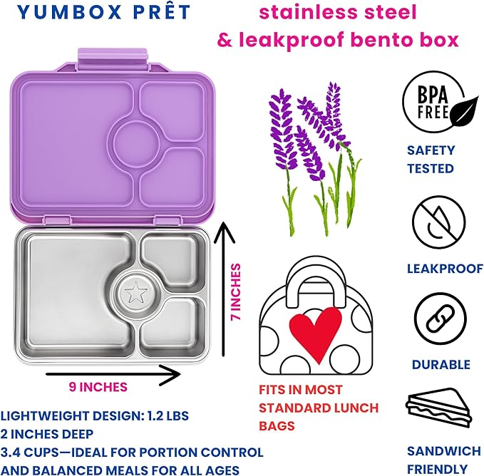 Yumbox Pr챗t Leakproof Stainless Steel Bento Lunch Box, 3.4 Cup Healthy Portion Size for Balanced Eating ??Durable Lunch Container for Sandwiches & Snacks (Lavande Purple)