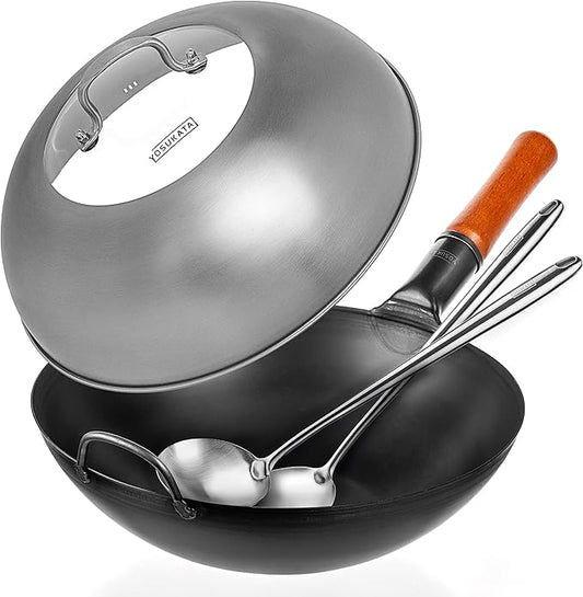 YOSUKATA Carbon Steel Wok Pan 13,5 ??+ Lid 12.8 In for 13.5-In Wok + 17?쇺?Spatula and Ladle