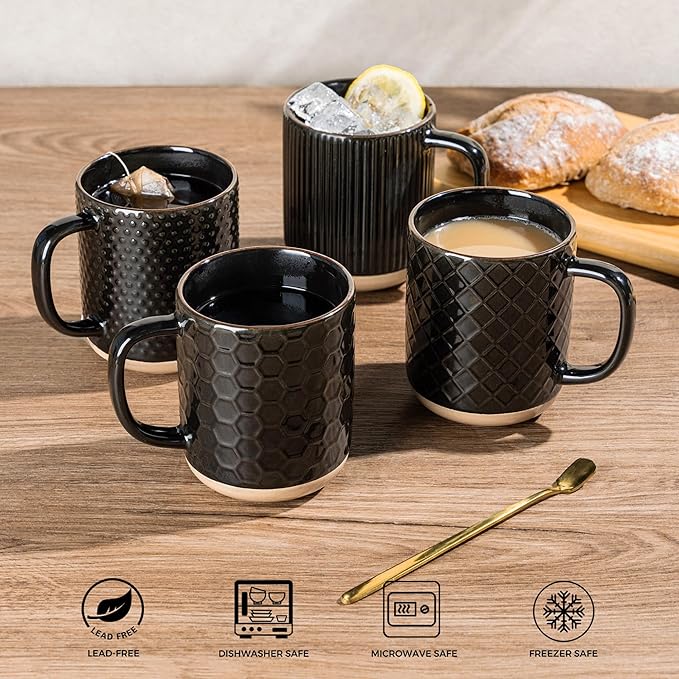 GBhome Ceramic Coffee Mugs Set of 4, 12oz Handmade Stoneware Coffee Mugs Set with Large Handle for Cappuccino/Latte/Tea/Hot Cocoa, Dishwasher & Microwave Safe, Black
