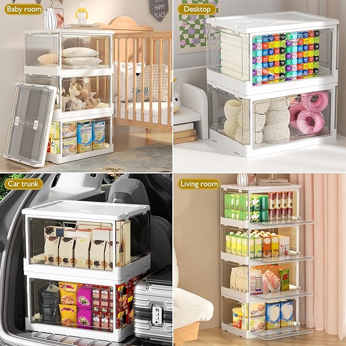 Clear Storage Bin with Lid 3 Pack ?륲tackable & Sturdy??Plastic Multifunctional Folding Storage Bins for Bedroom, Living Room, Study,Room, 23 QT Folding Box with Magnetic Door