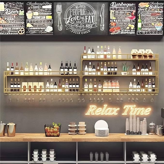 59 Inch Metal Wine Rack Wall Mounted, Bar Shelves Wall Mounted with LED Light, Large 3-Tier Liquor Bar Display Shelf with Wine Glasses for Home Bars, Dining Room & Kitchen, Gold