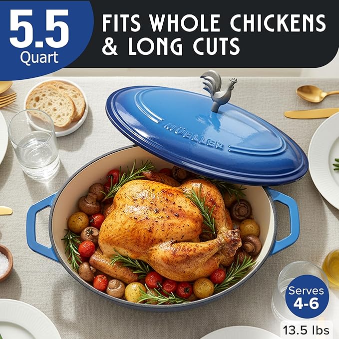 MUELLER HOME 5.5 Quart Enameled Cast Iron Oval Dutch Oven w Rooster Knob & Cotton Potholders, Heavy-Duty Cookware, Oven-Safe up to 500째 F & Across All Cooktops, Gifts for Grandma & Women, Aqua Blue