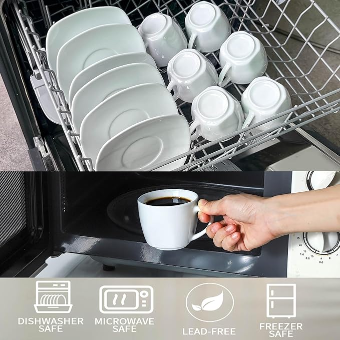 6.5 Ounce Porcelain Espresso Cups and Saucers Set of 6, Ceramic Cappuccino Demitasse Mugs Square Stackable Coffee Cup with Saucer Set for Coffee Drink, Espresso, Latte, Cafe Mocha and Tea Party, White