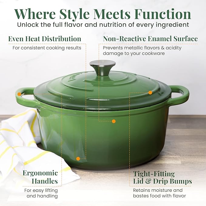 Larder & Vine Enameled Cast Iron 5.7qt Dutch Oven Pot with Lid | Bread Baking | Compatible on All Cooktops & Oven Safe to 500째 F | Great for Sourdough Bread | Okra
