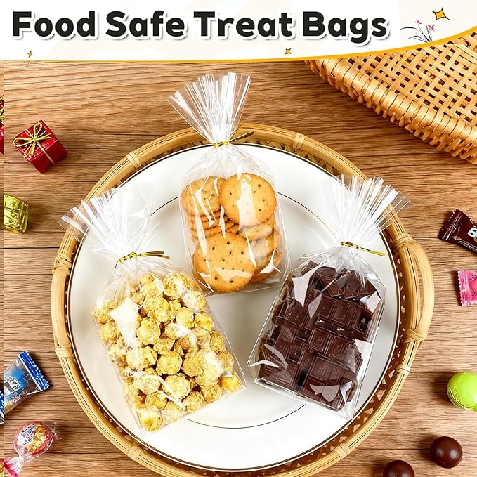 PigPotParty Cellophane Treat Bags 6"x9", 100 Pack Clear Goodie Bags, Bottom Gusset for Stand-Up Display, Small Plastic Gift Wrap for Cookies, Candy, Party Favors, Popcorn, Includes 100 Gold Ties