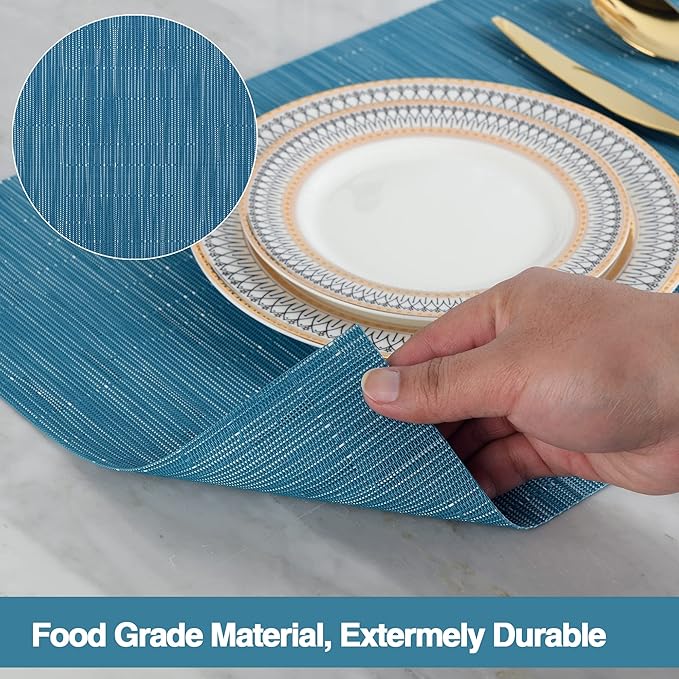 SLKQG Vinyl Placemats Set of 8 - Washable Easy Clean Place Mats - Heat Resistant PVC Table Placemats - Table Mats for Dining Table 17x12 Inch (Sky Blue Turquoise, 8)