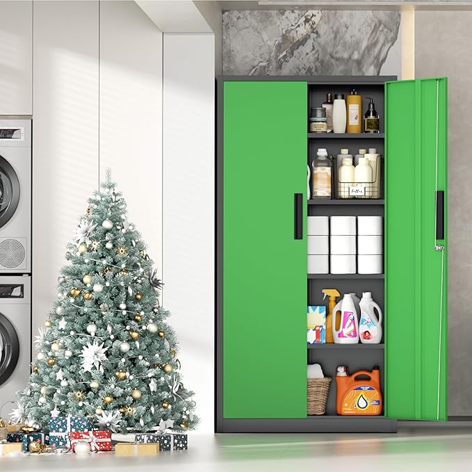 INTERGRAET 63" Tall Pantry Cabinet,Kitchen Pantry Storage Cabinets with 2 Doors and 4 Shelves,Black Green Metal Storage Cabinet,Cupboard for Home,Kitchen,Living Room/Dining