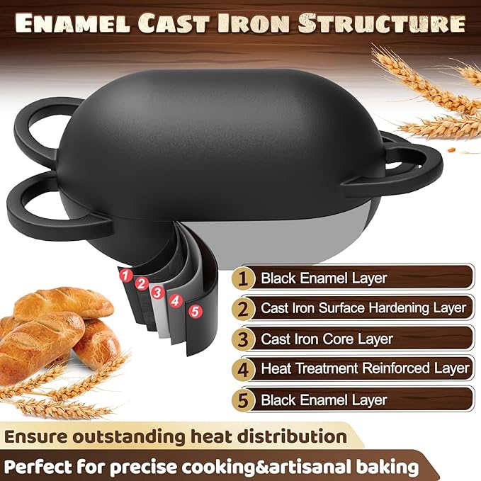 Enameled Cast Iron Oval Bread Oven with Non-Stick Silicone Liner, 2QT, Black, Mini Oval Homemade Sourdough Dutch Oven with Lid, Artisan Bread Loaf Pan for Homemade Bread Five-Years Free Replacement