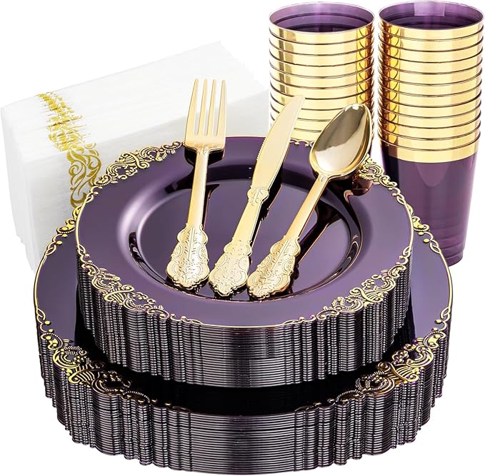 Nervure 175PCS Clear Purple Plastic Plates - Purple Party Plates Set for 25 Guests Include 25Dinner Plate, 25Dessert Plate, 25Cups, 75 Cutlery, 25Napkins Perfect for Wedding & Party & New Year