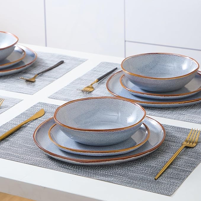 Bestone 12 Pieces Round Kitchen Dinnerware Sets竊똏lates and Bowls Sets,Dishes, Plates, Bowls, Dish Set, Chip Resistant Ceramic Dinnerware Set, Dishwasher/Microwave Safe,Service for 4,Reactive Blue
