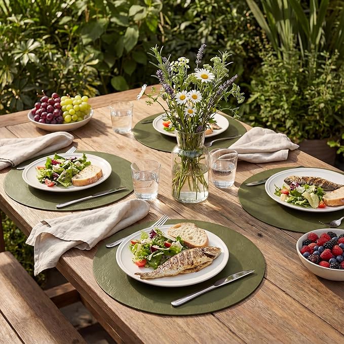 Artoid Mode Olive Green Faux Leather Placemats Set of 4, 15 Inch Waterproof Wipeable Heat Resistant Place Mats, Reversible Table Mats for Kitchen Dining Decor