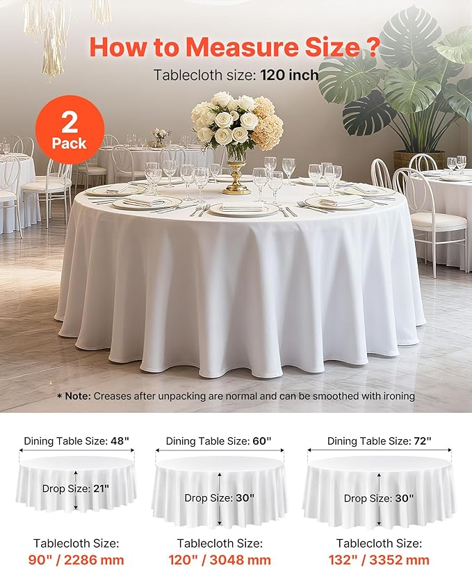 VEVOR White Round Tablecloths 2 Pack, 120 Inches in Diameter, Stain- & Wrinkle- Resistant, Machine Washable Table Clothes, Polyester Fabric Table Covers for Wedding, Party, Banquet, Formal Events