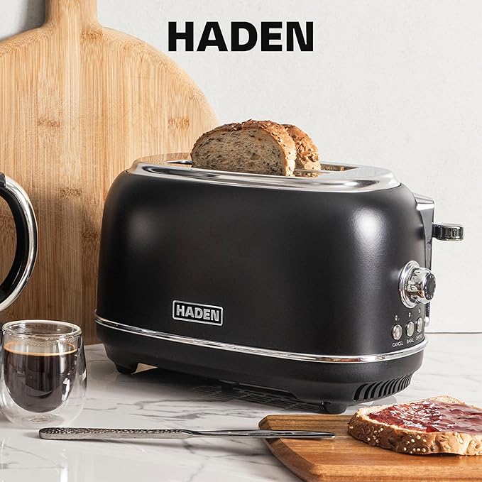 Haden Heritage 2 Slice Wide Slot Stainless Steel Toaster with Adjustable Browning Control & Non-Slip Feet, Black & Chrome