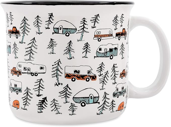 Camco Life is Better at the Campsite Ceramic Mug | Microwave and Dishwasher Safe | White Background with Sketched RVs Design | 14oz. (53383) (Pack of 2)