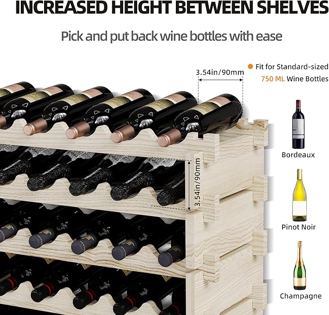 Modular Real Wood Wine Storage Racks - Stackable Wine Rack, Free Standing Floor Wooden Wine Rack, Premium Wine Storage Rack Elegant Display and Organizing for Kitchen and Cellar 8 Tier 72 Bottles