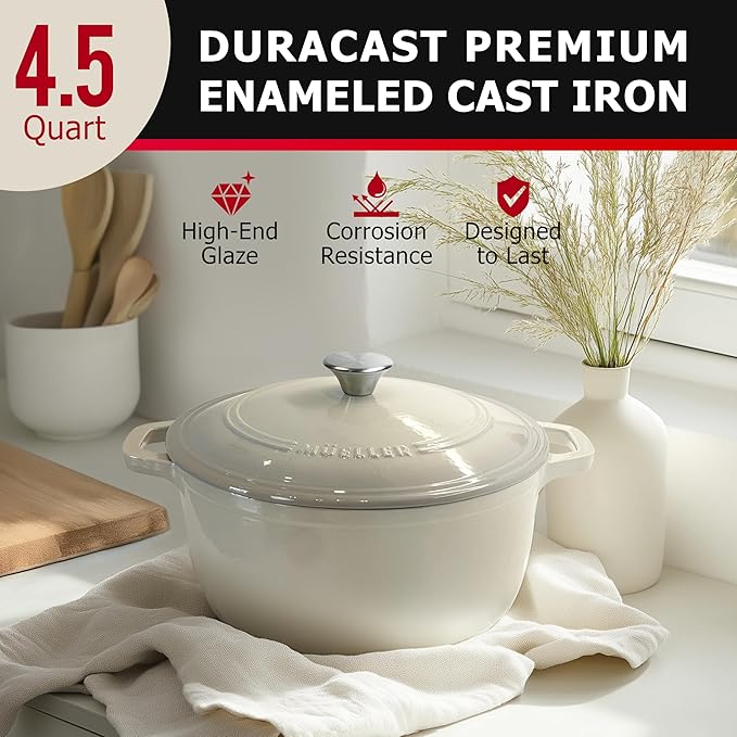 MUELLER HOME 4.5 QT Enameled Cast Iron Dutch Oven, Heavy-Duty Casserole Dish and Braiser Pan with Lid and Stainless Knob, Oven-Safe up to 500째 F & Across All Cooktops, Oyster White