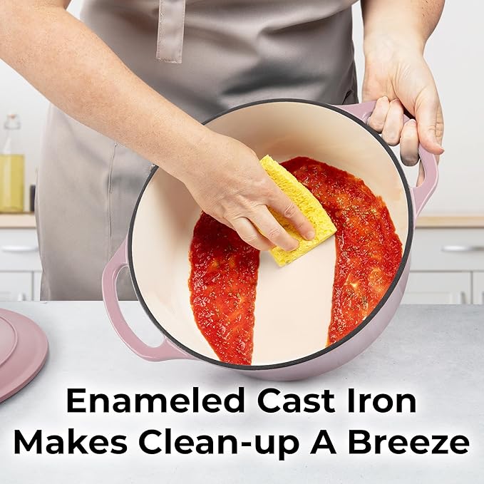 Zulay Kitchen 5 Quart Enameled Cast Iron Dutch Oven Pot with Lid ??Premium Durability & Oven Safe up to 500째F ??Heavy Duty Cookware Perfect for Bread Baking, Stews, Braising & Roasting ??Pink