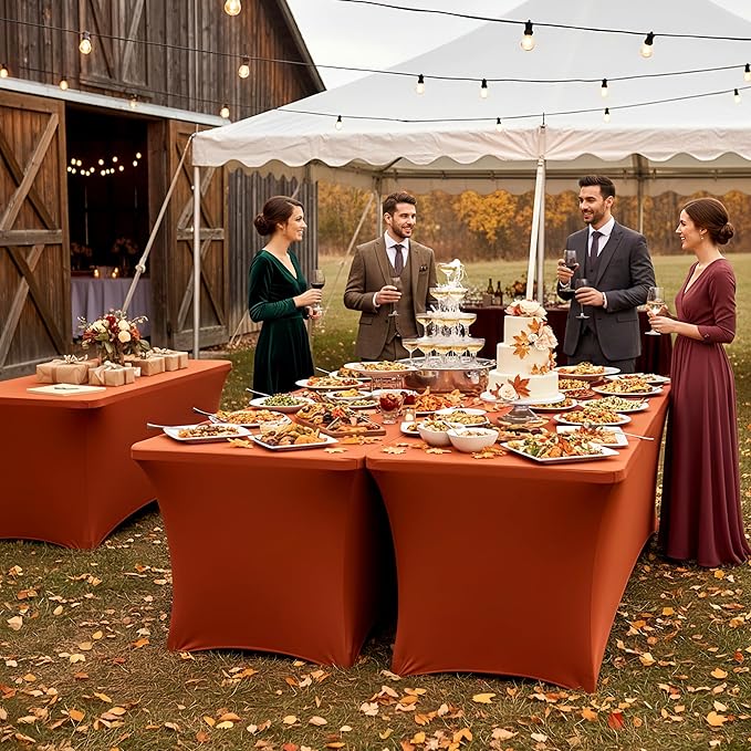 Enjoyidea Spandex Table Cloths for 8 Foot Rectangle Tables-6 Pack Rust Fall Thanksgiving Fitted Stretch Table Covers-Elastic Tablecloth for Party, Vendor Booth Display, Banquet Event, Craft Trade Show