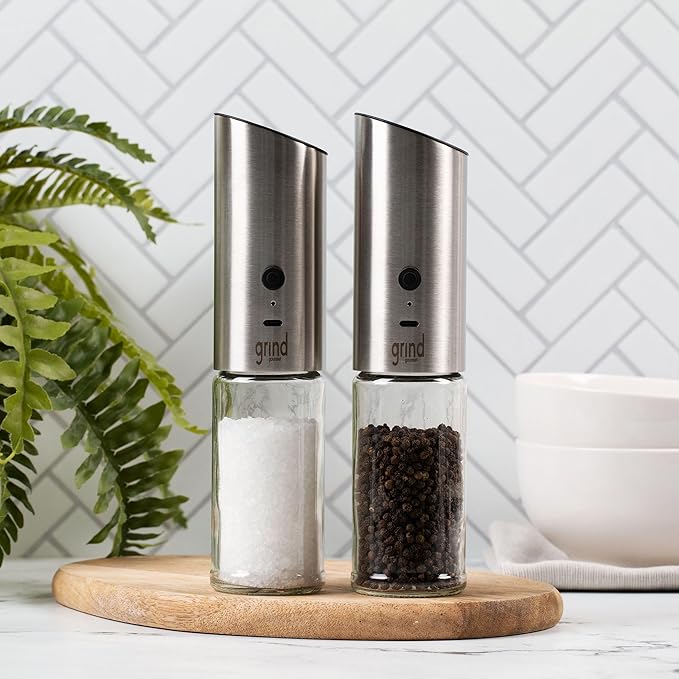 Grind Gourmet Automatic Electric Salt or Pepper Grinder Mill, Gravity Activated Pepper Grinder, Battery Operated with LED Light, Adjustable Coarseness, Home & Kitchen Small Appliance, Cooking Tool