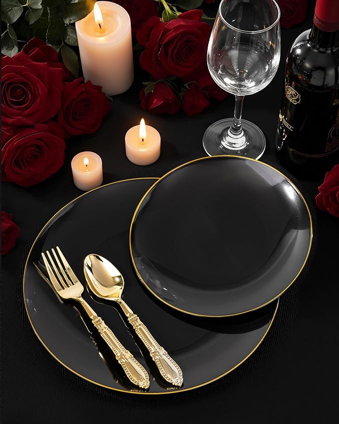 Nervure 100 Pieces Black Plastic Plates - 7.5inch Black Dessert Plates - Disposable Gold Plastic Plate - Disposable Plate Ideal for Wedding & Party & New Year
