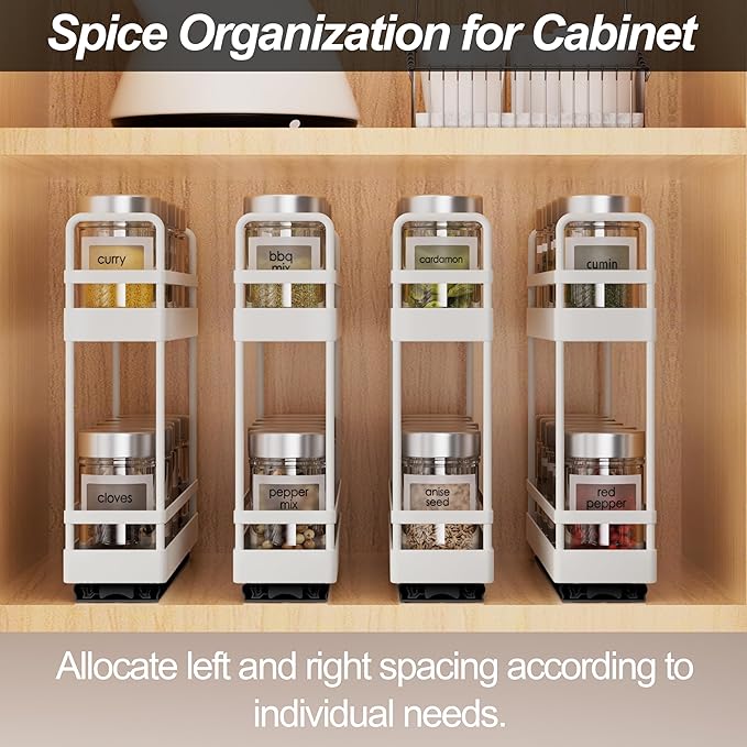 Finnhomy Pull Out Spice Racks for Inside Cabinets, Whole Metal Manufacturing, Vertical Spice Rack Pull Out, Spice Organizer, 2.16" W 횞 10.39" D 횞 9.76" H, 2 Drawers & 2 Tiers, 2 Pack, Light Gray