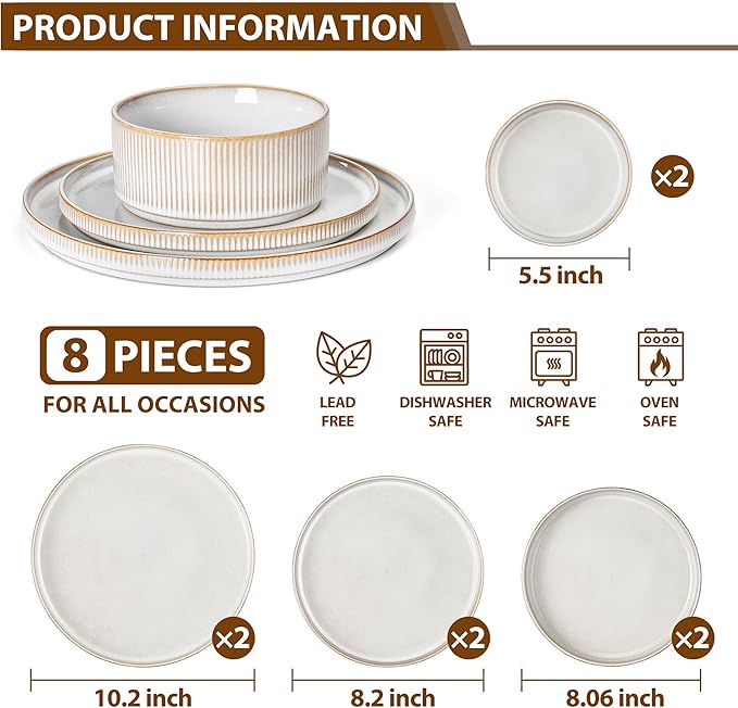 LIANYU 8 Piece Stoneware Plates and Bowls Dishes Set for 2, Dinnerware Sets with Pasta Bowls, Ribbed Dining Ware Dishware for Home Wedding, Microwave and Dishwasher Safe, Dawn Beige