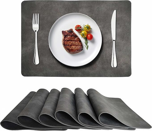Cowhide Pattern PU Leather Placemats Set of 6 Heat Resistant Kitchen Table Mats, Non-Slip Dining Table Decorations, Double-Sides Waterproof Wipeable Place mats(Grey)