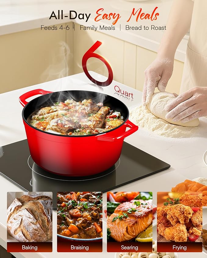 Nuwave 6QT LUX Healthy Enameled Cast Iron Dutch Oven Pot with Lid, Heavy Duty 7-Layer Enamel, Enhanced Rust Protection, Dual Handles, Oven Safe to 500째F for Sourdough Bread Baking, Braise, Stew, Roast