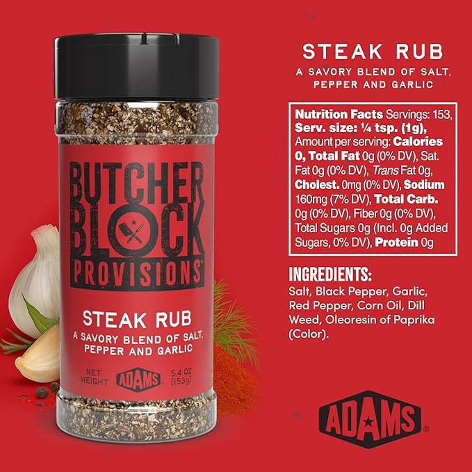 Butcher Block Provisions - Steak Rub - Savory Salt, Pepper & Garlic Blend - Bold Seasoning with Red Pepper, Dill & Paprika for Steaks - 5.4 oz
