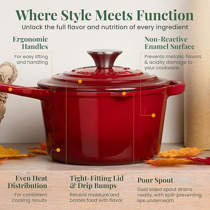 Larder & Vine Enameled Cast Iron Saucepan | 2.2 qt Sauce Pan with Lid | Saucepan with Pour Spouts | Enameled Cast Iron Pot Compatible on All Cooktops & Oven Safe to 500째 F | Cabernet