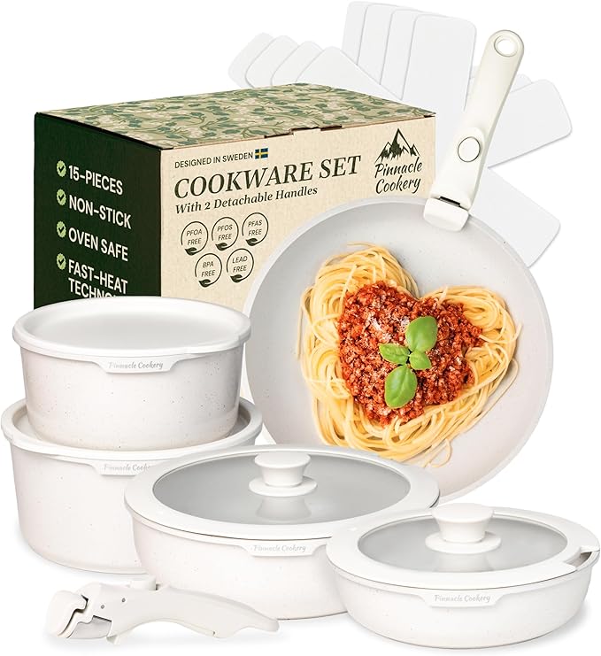 15-Piece White Granite Nonstick Cookware Set ??Detachable Handles & Tempered Glass Lids ??Stackable & Cool-Touch - Induction & Oven Safe to 480째F - Scratch-Resistant, PFOA & PFOS-Free
