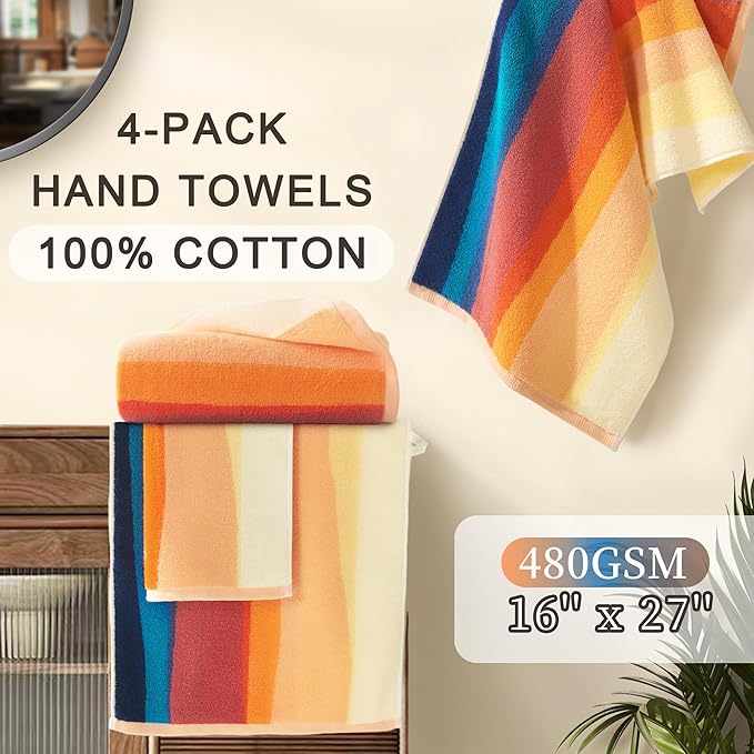 Colorful Hand Towels for Bathroom (4PC, 16"x27") - 100% Cotton | 480GSM | Soft | Absorbent, Bathroom Hand Towels Decorative Set, Fluffy Hand Towel for Shower, Painted Hand Towel Set, Red and Orange