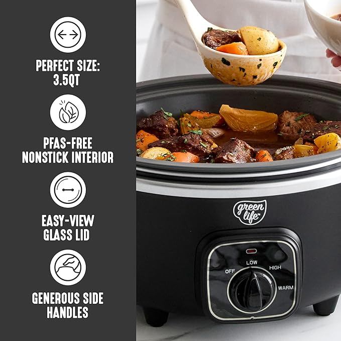 GreenLife 3.5QT Slow Cooker, PFAS-Free Non-Toxic Ceramic Nonstick Removable Interior Bowl, Programmable, Keep Warm, Stovetop & Oven Safe Pot, Dishwasher Safe Crock & Glass Lid, Black