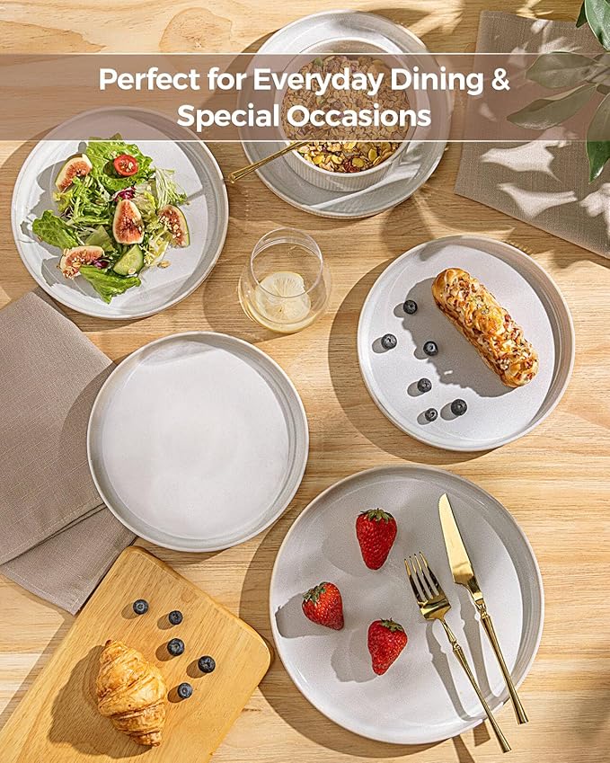 GBHOME Stoneware Dinnerware Sets for 4, Round Reactive Glaze Ceramic Plates and Bowls Set, Highly Scratch Resistant | Dishwasher & Microwave Safe 竊똕ervice for 4(12Pcs),Sugar White