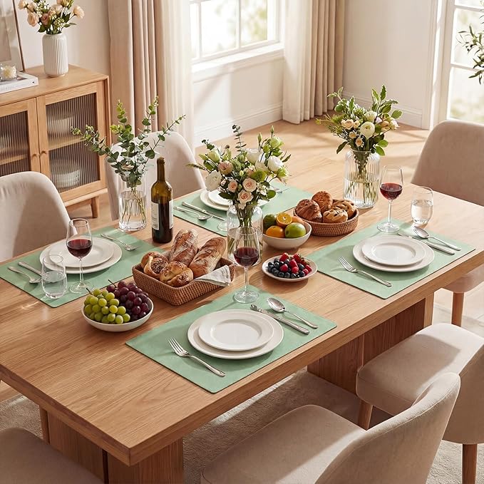 Artoid Mode Sage Faux Leather Placemats Set of 6, 12x18 Inch Waterproof Wipeable Heat Resistant Place Mats, Reversible Table Mats for Spring Kitchen Dining Decor