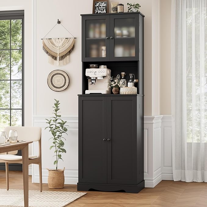HOSTACK 71'' Pantry Cabinet, Tall Storage Cabinet with Microwave Stand, Freestanding Kitchen Hutch with Doors and Adjustable Shelves, Mordern Food Pantry for Kitchen, Dining Room, Black
