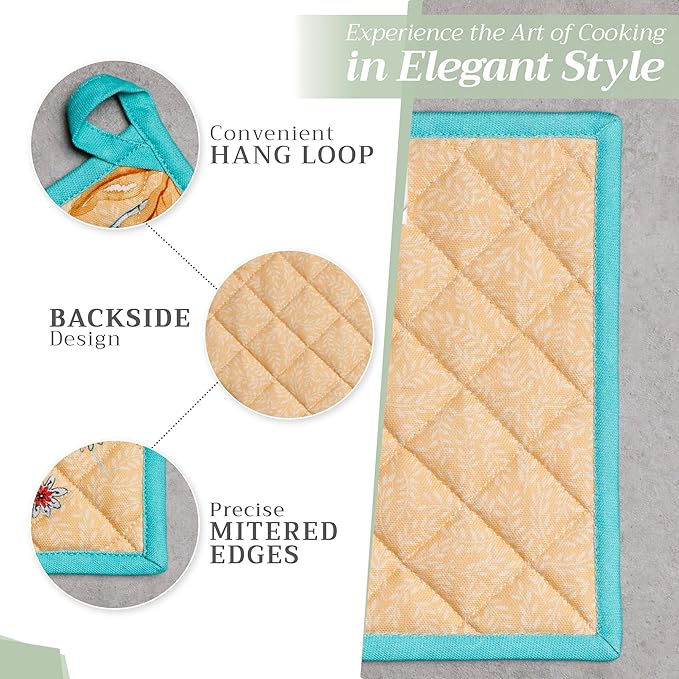 Maison d' Hermine Pot Holders Set 100% Cotton Heat Resistant Potholders 8" x 8" Hot Pads with Loop BBQ, Cooking, Grilling, Kitchen, Handling Hot Pans Spring/Summer (Pack of 2, Luxury Loft ??Peach)