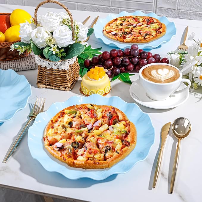 LIYH 20 Pcs 10 Inch Light Blue Plastic Plates Reusable - Unbreakable Scalloped Dinner Plates for Baby Shower Party Outdoor Picnics Dishwasher Safe BPA Free