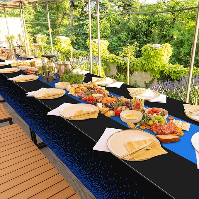 MASHAN 6Pcs Black and Blue Tablecloth Party Decorations,Plastic Black Table Cloth Printed Blue Runner Disposable Rectangle Table Cover for Birthday Wedding Anniversary Graduation Party,54 x108 Inch