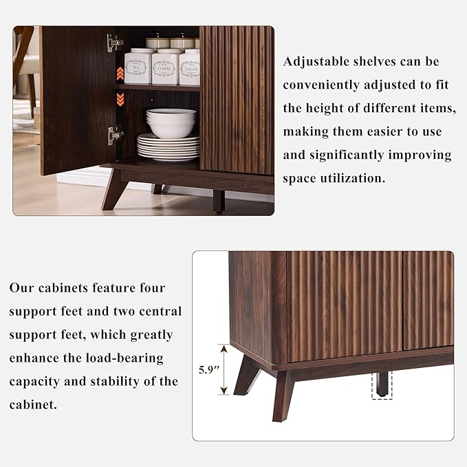 T4TREAM Fluted Buffet Sideboard Cabinet with Storages, 60" Large Modern Buffet Table Coffee Bar Wine Bar Storage Cabinet with 3 Drawers & 4 Doors for Dining Room, Living Room, Hallway(Dark Walnut)