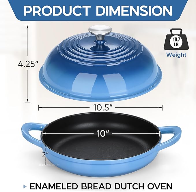 E-far Dutch Oven for Sourdough Bread Baking, 6 Qt Round Enameled Cast Iron Dutch Oven for Homemade Artisan Bread, Dome Lid & Shallow Base, Matte Black Interior & Durable, Oven-Safe to 500?? Blue